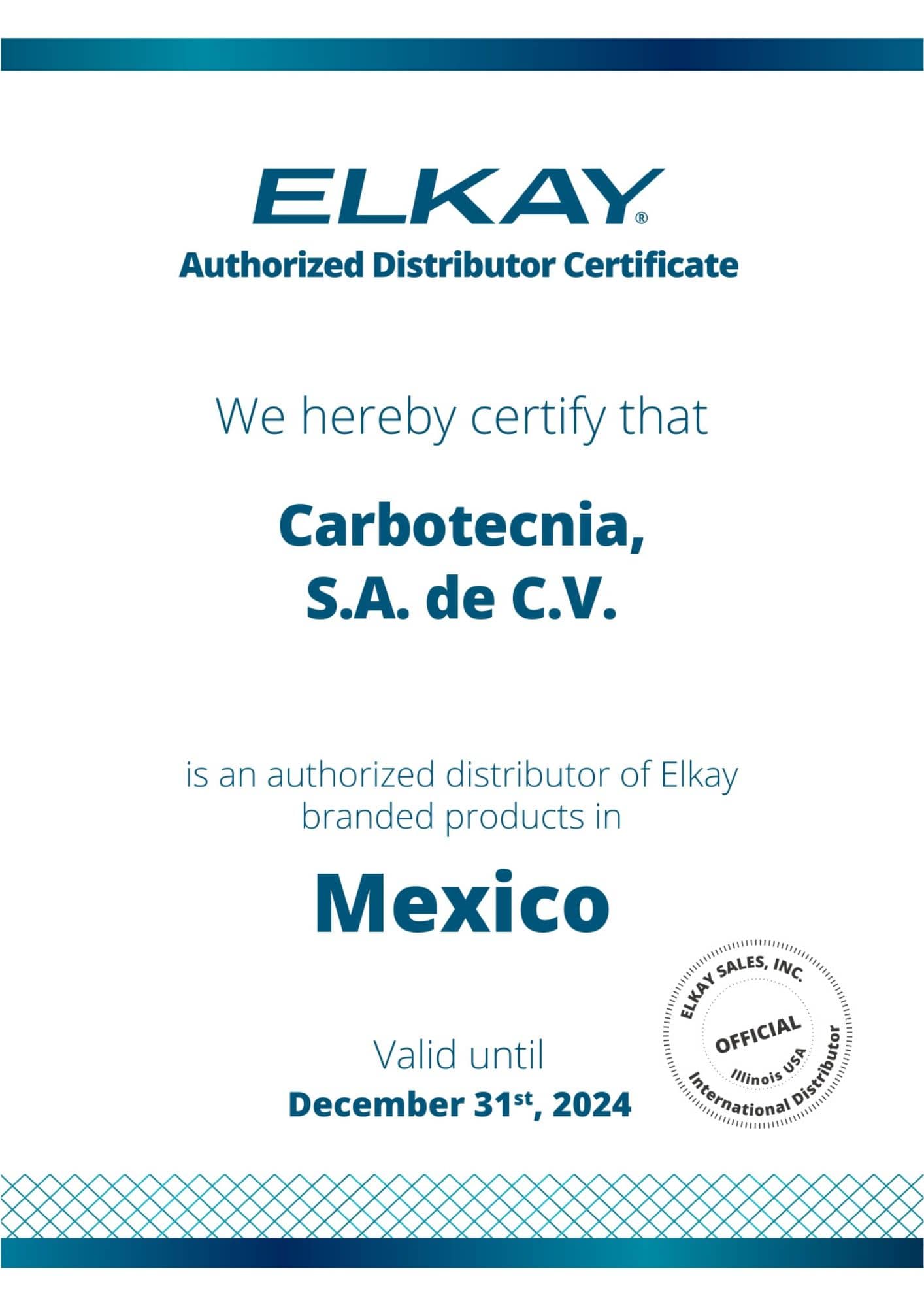 Certificado de distribuidor autorizado Elkay 2024 Carbotecnia